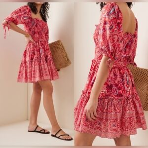 Cara Cara Lenny Red Paisley Floral Mini Dress Puff Sleeve Smocked Size Small